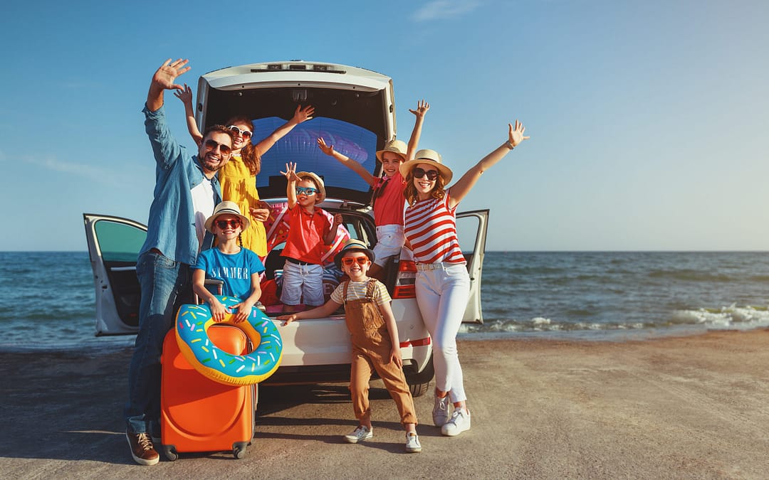 Happy Large Family In Summer Auto Journey Travel By Car On Beach